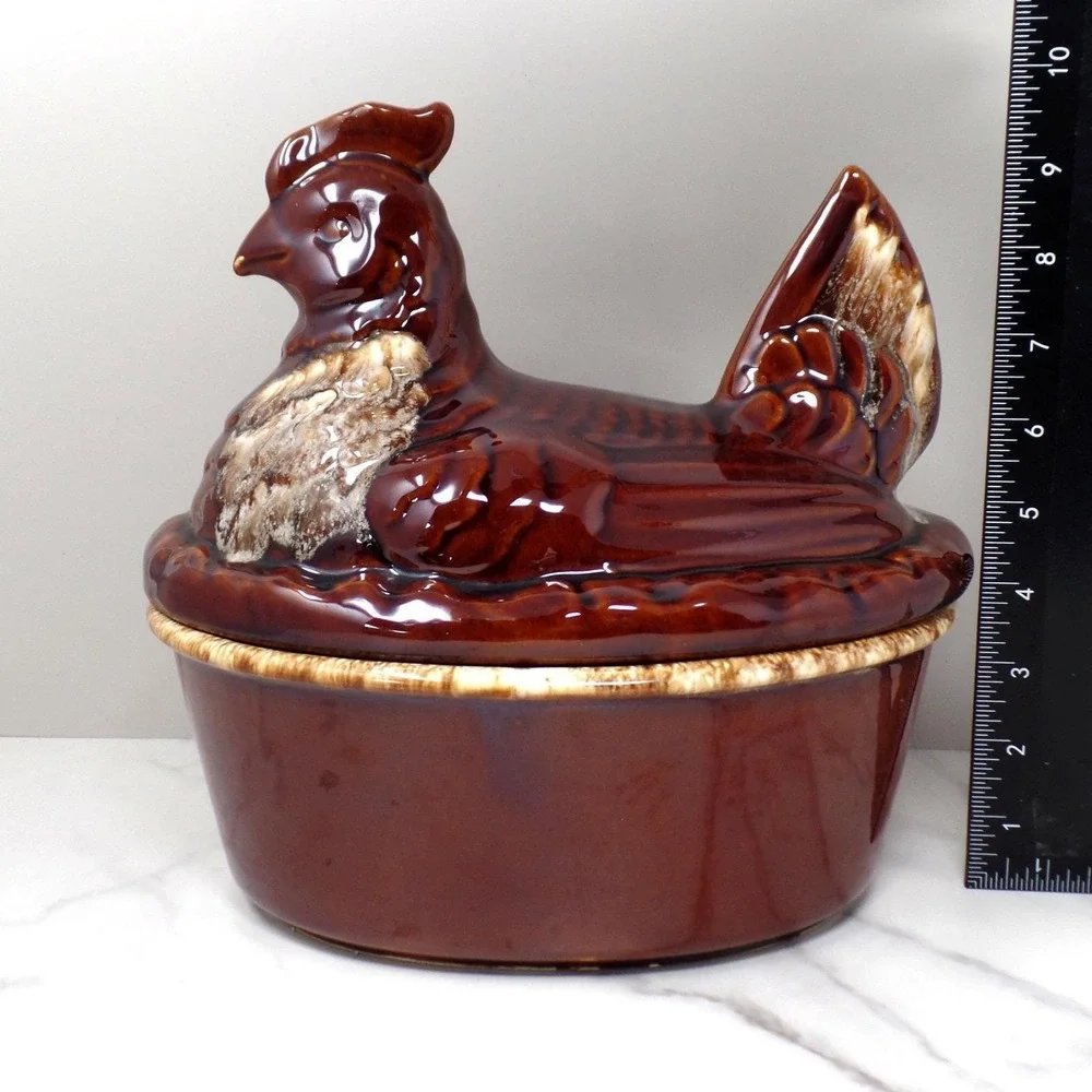 Vintage Hall Ceramic Hen on Nest Covered Dish, House 'n Garden Mirror Brown